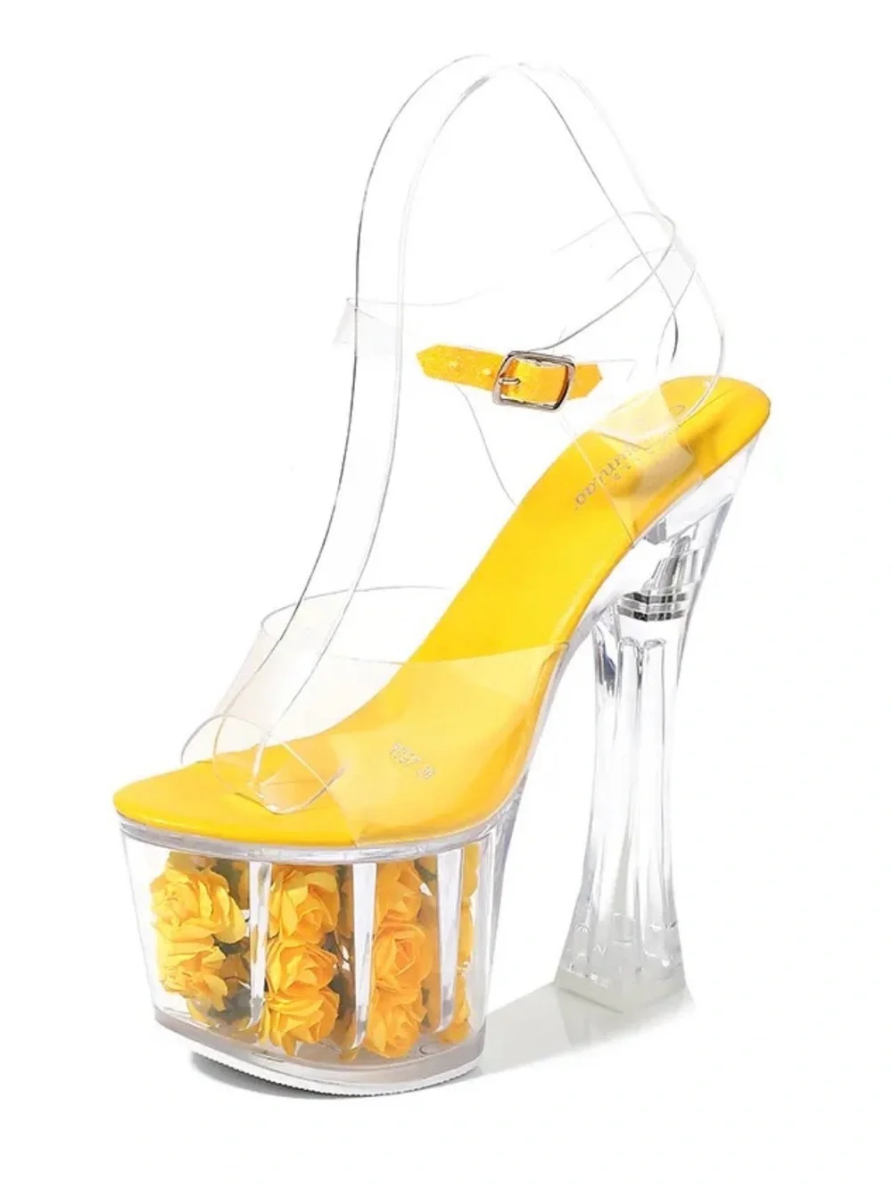 Clear Platform Heels with Yellow Insole and Floral Accent
